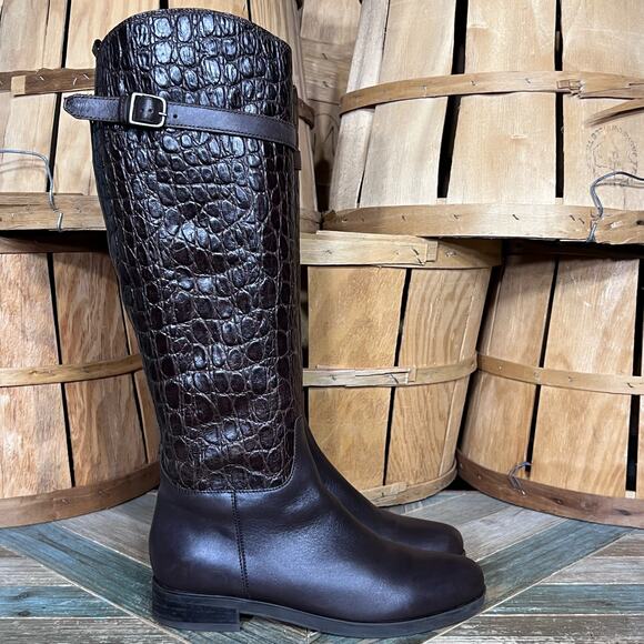 Clarks Hopedale Wish Brown Croc Embossed Leather Tall Riding Boots Womens Size 8 - Picture 1 of 16